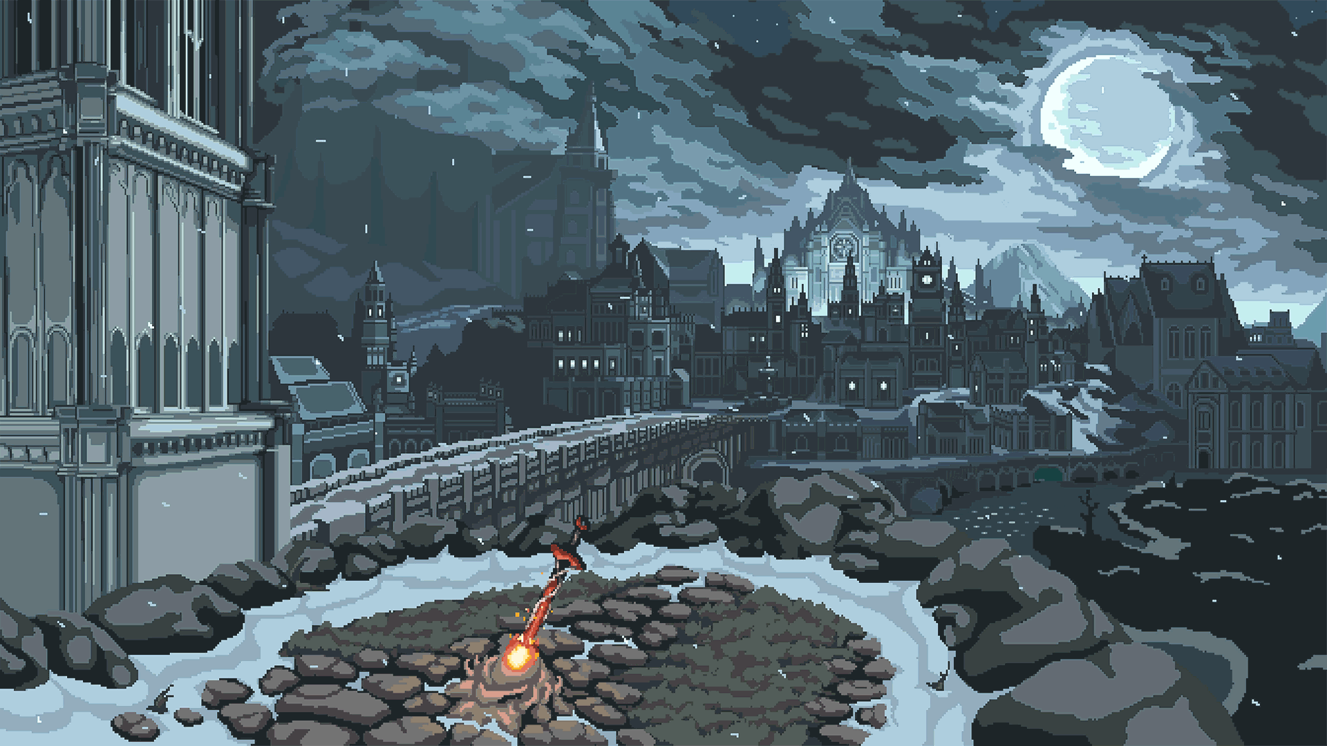 Pixel art winter cityscape